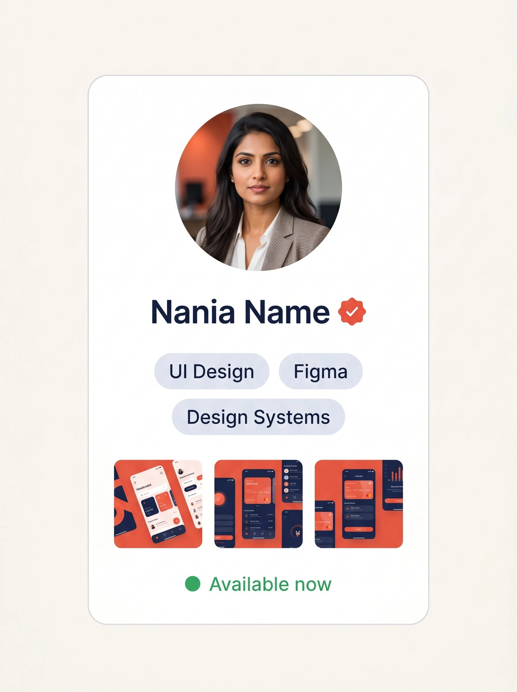 UI/UX Designer profile card showing avatar, vetting badge, skills tags, portfolio thumbnails, and availability status