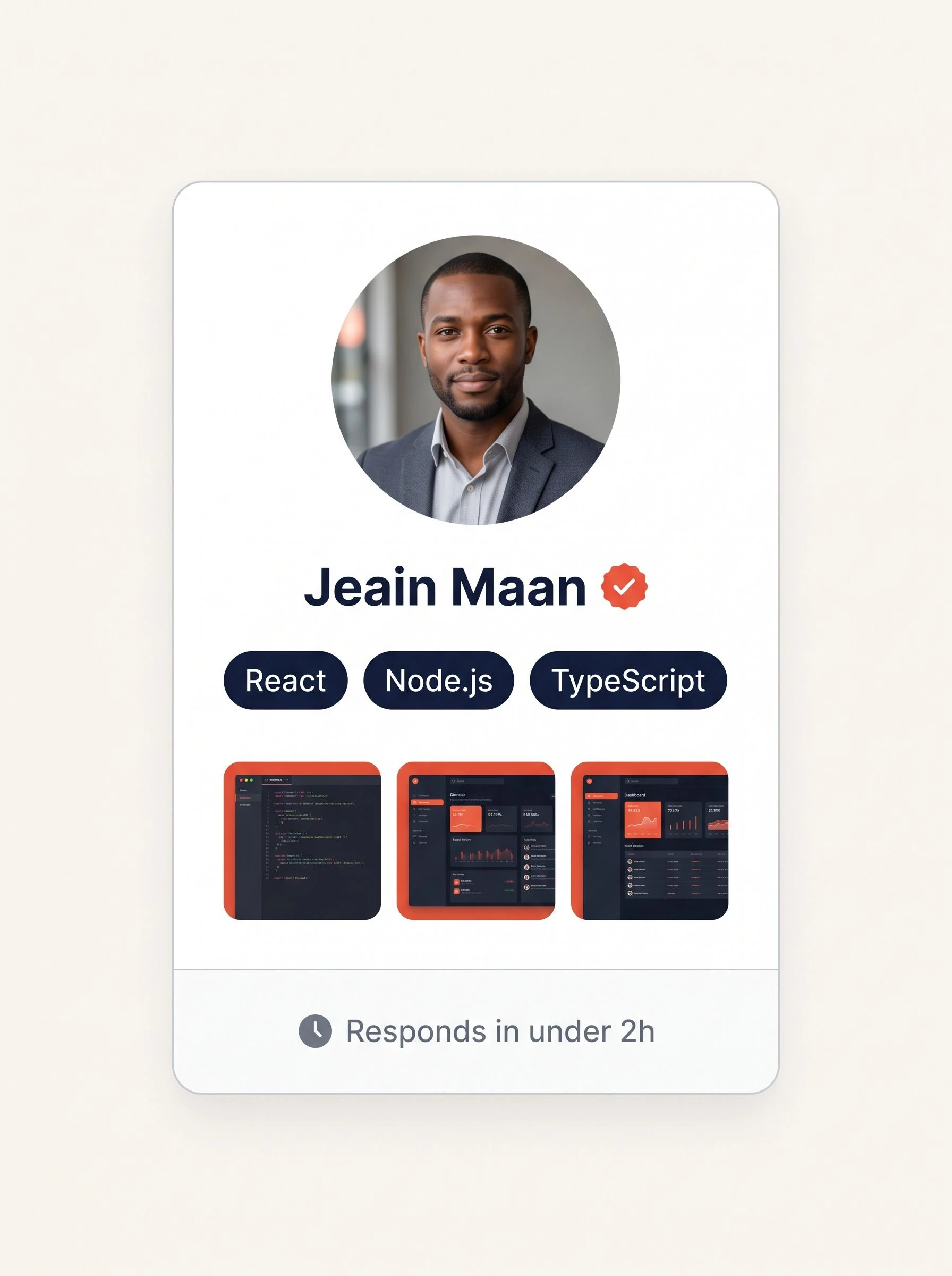 Full-stack developer profile card showing avatar, vetting badge, skills, code samples, and response status