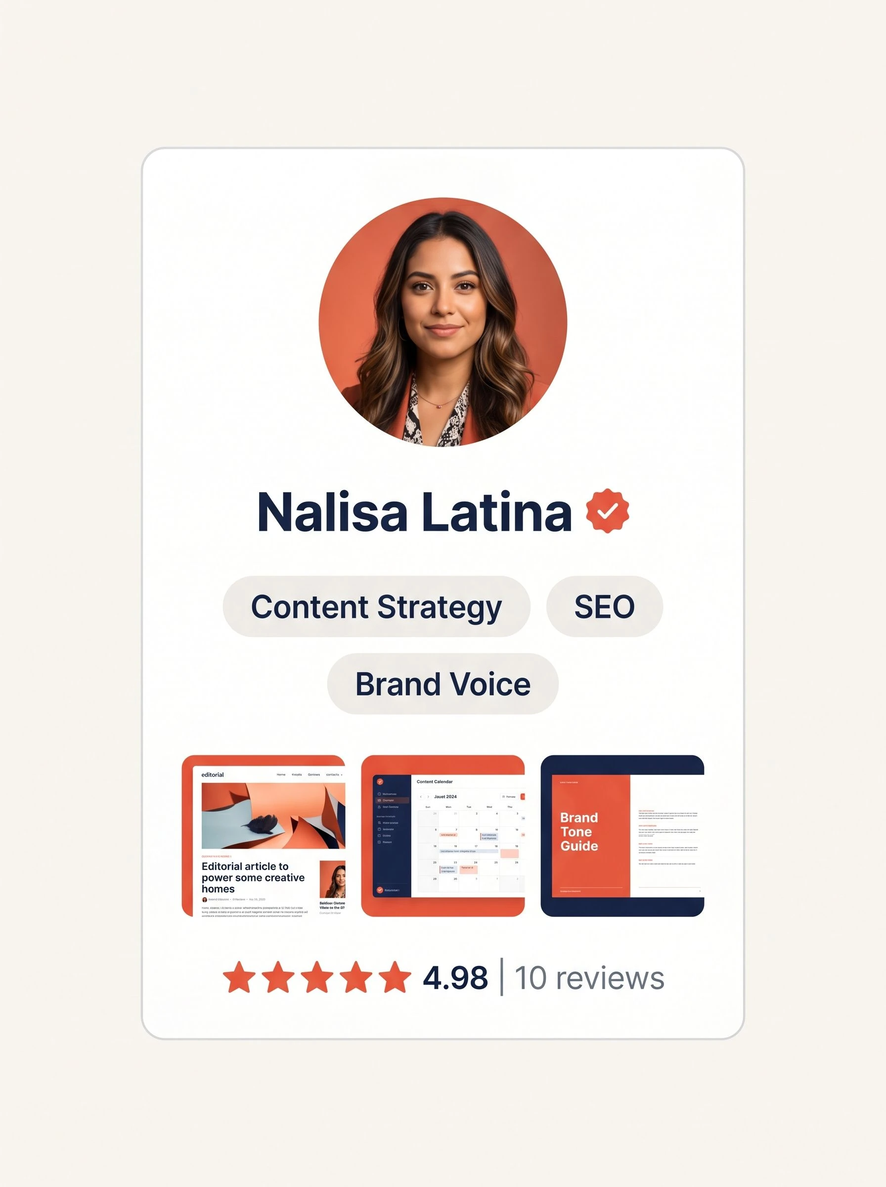 Content strategist profile card showing avatar, vetting badge, specialisations, material samples, and rating
