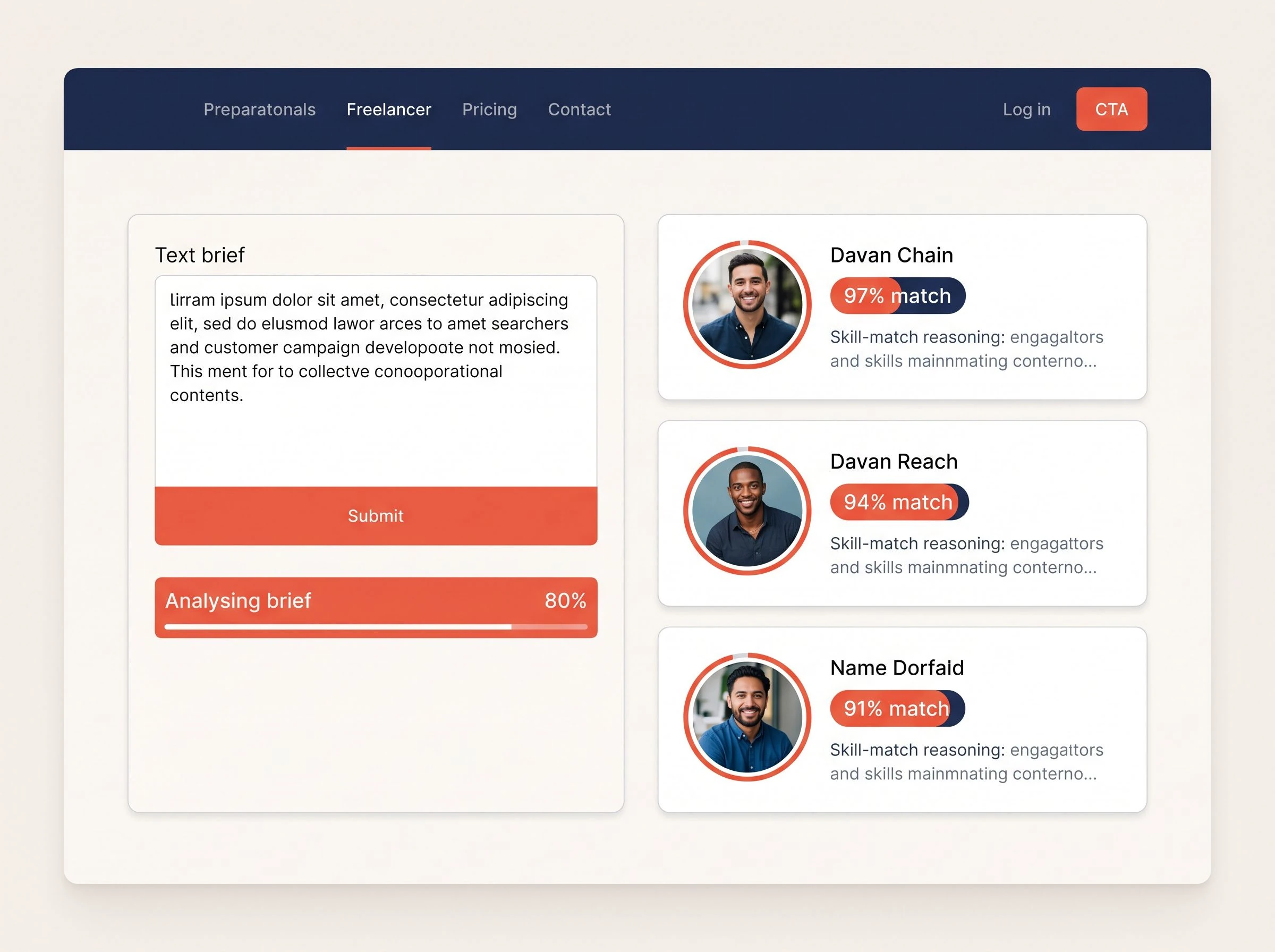 AI matching interface showing brief analysis and three scored freelancer cards