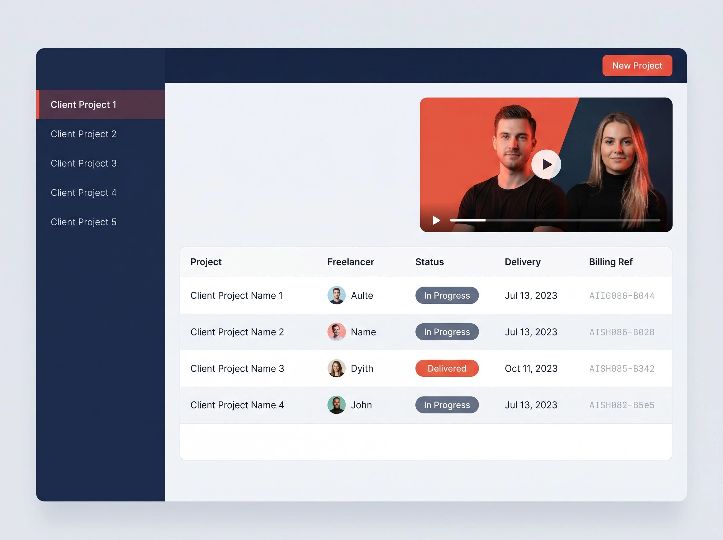 Multi-client project dashboard with freelancer assignments and billing audit trail
