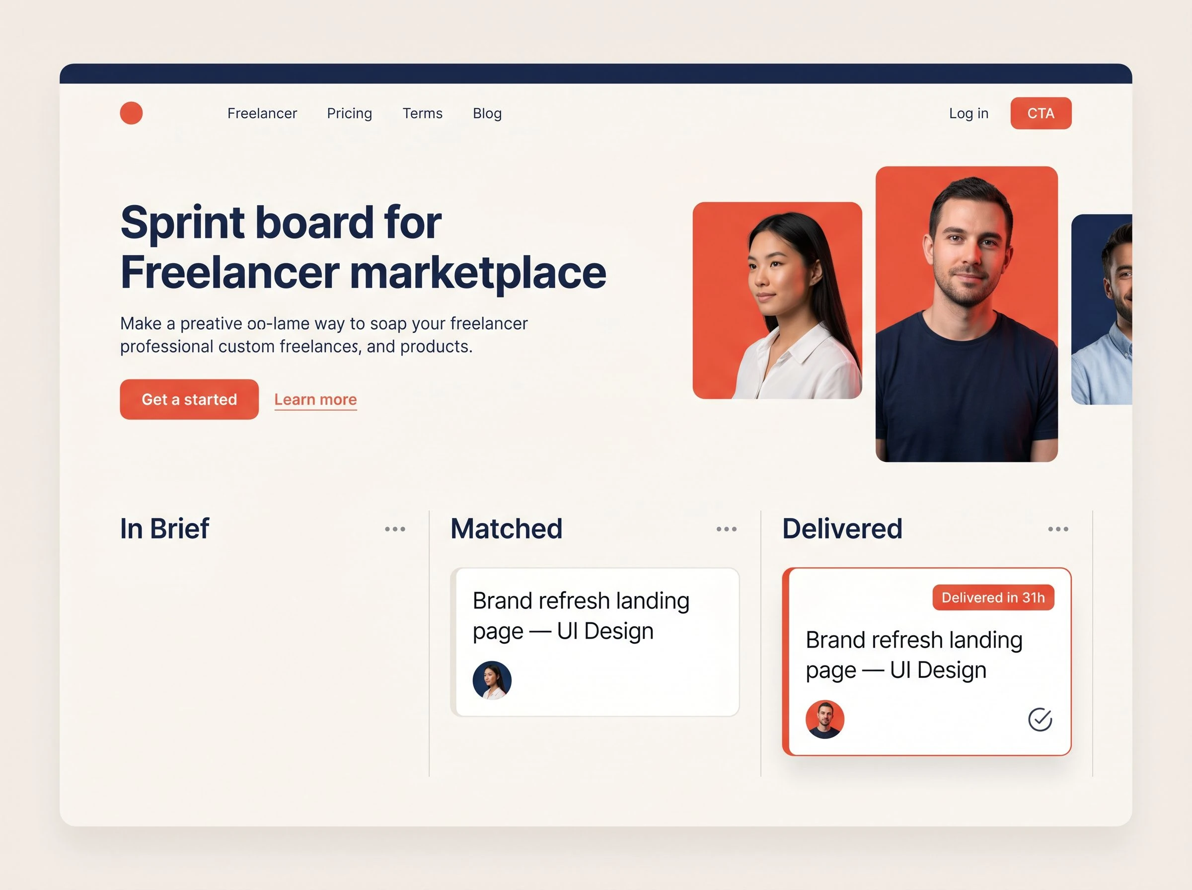 Startup sprint board mockup with a freelance task card moving to delivered status